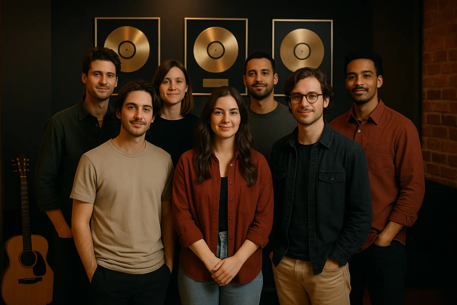 Équipe Kiflazik posant devant trois disques d’or dans le studio